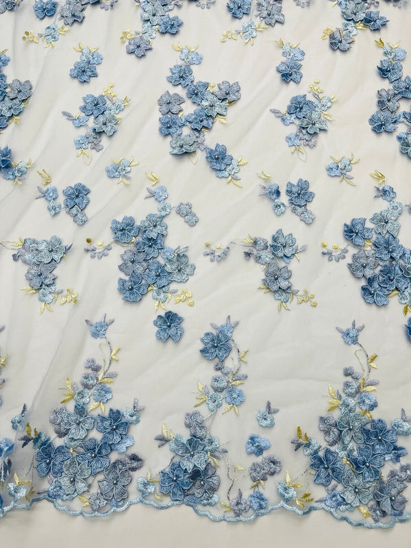 Multi-Color 3D Flower Fabric - Baby Blue - Multi-Tone 3D Flower Lace Fabrics Sold By Yard
