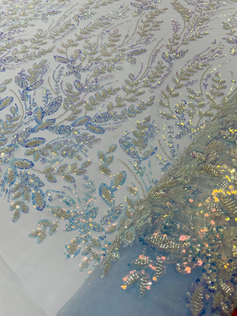 Clear Iridescent Leaf Design - Clear on Baby Blue - Embroidered Beaded Sequins Mesh Fabric by Yard