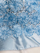 Satin Rosette Sequins Fabric - Baby Blue - 3D Rosette Satin Rose Fabric with Sequins By Yard