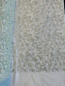 Beaded Floral Plant Design - Baby Blue - Embroidered Beaded Flower Plants Sequins Fabric By Yard