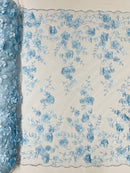 3D Floral Pearl Fabric - Baby Blue - Embroidered Floral Pearl Fabric Single Border On Mesh By Yard