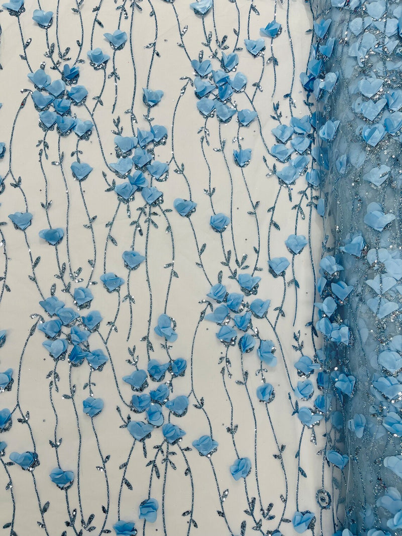 3D Glitter Floral Fabric - Baby Blue - 3D Flowers with Sequins and Glitter on Mesh Sold By Yard