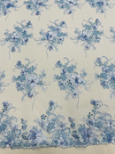 3D Flower Sequins Design - Baby Blue - Embroidered Pearl Sequins Floral Clusters Lace Fabric By Yard