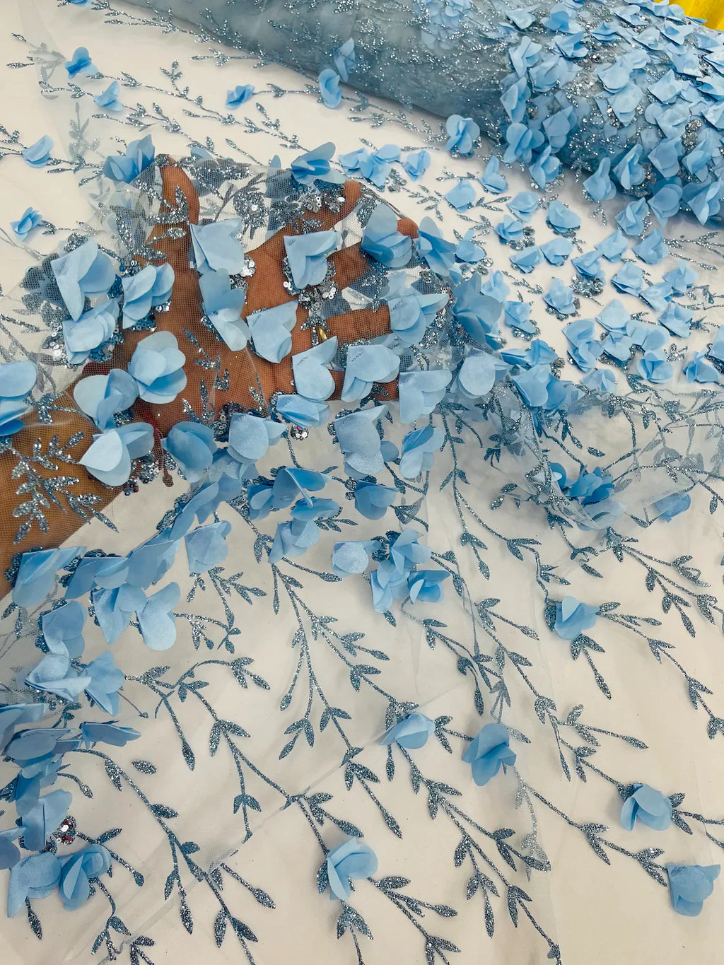 3D Flower Glitter Fabric - Baby Blue - Flower Design on Glitter Mesh Fabric Sold By Yard