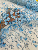 3D Flower Glitter Fabric - Baby Blue - Flower Design on Glitter Mesh Fabric Sold By Yard
