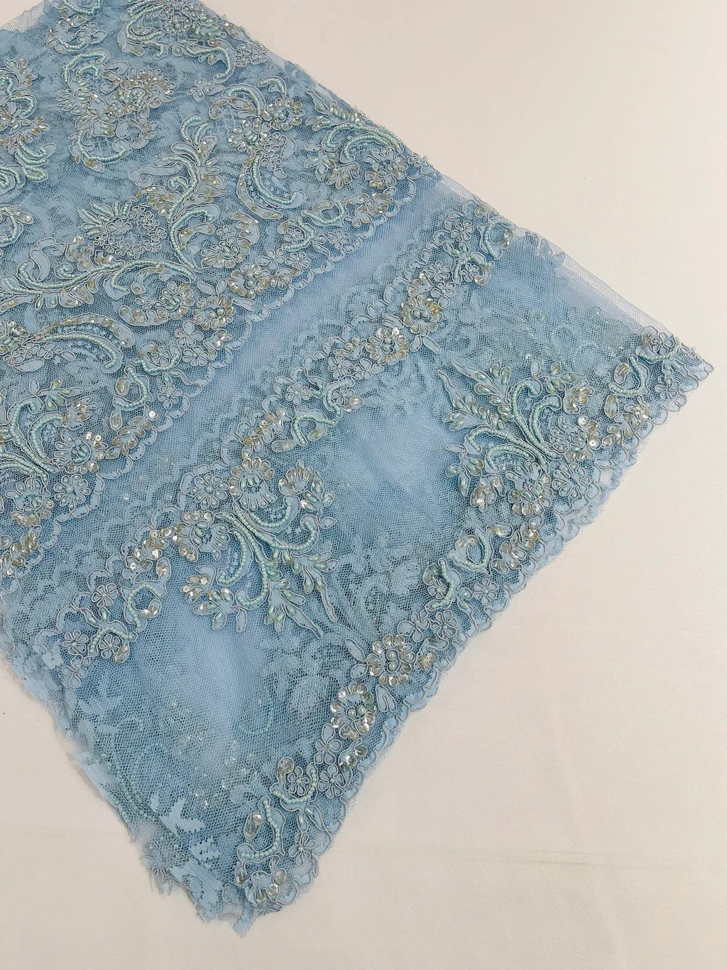 Beaded My Lady Damask Design - Baby Blue - Beaded Fancy Damask Embroidered Fabric By Yard
