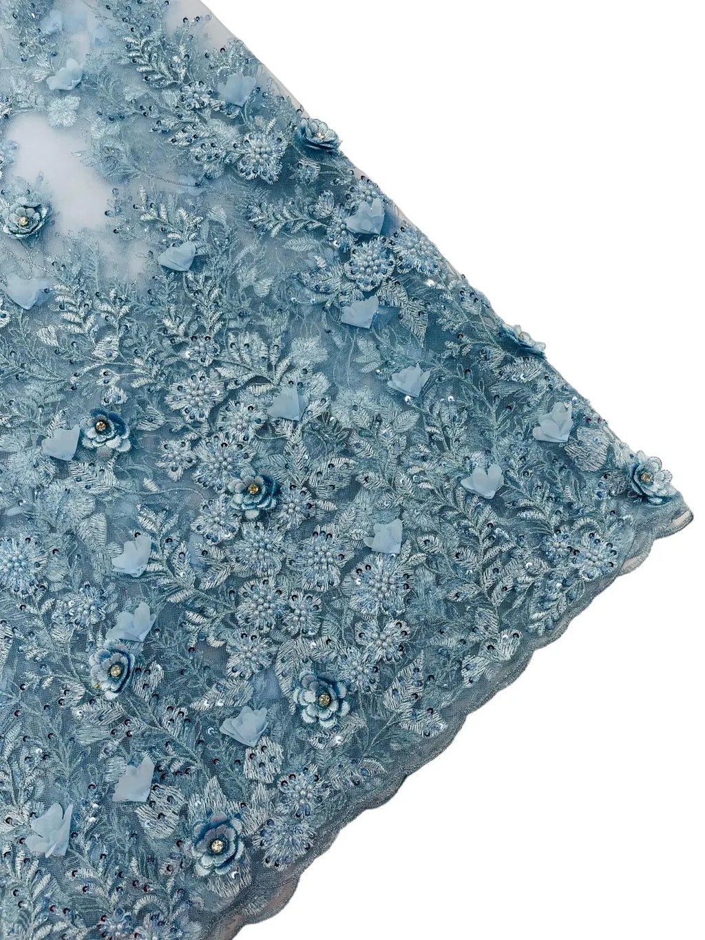 3D Flower Rhinestone Design - Baby Blue - Embroidered Flower Sequins Lace Fabric By Yard