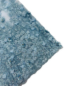 3D Flower Rhinestone Design - Baby Blue - Embroidered Flower Sequins Lace Fabric By Yard