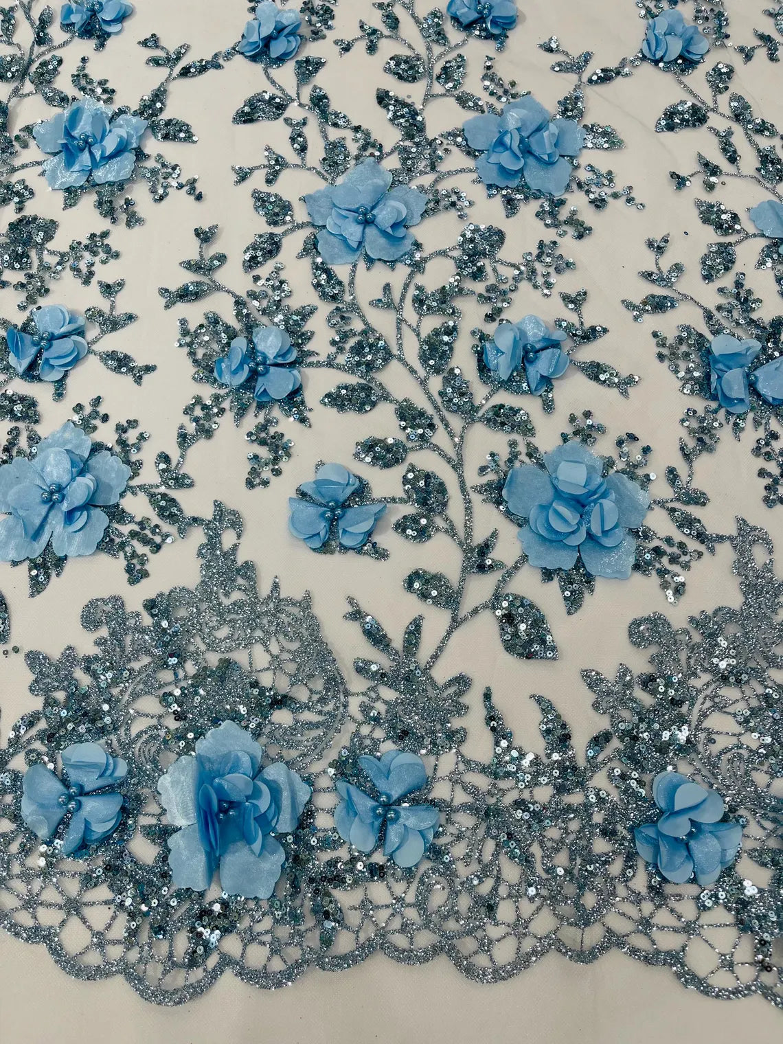 3D Big Flower Glitter Fabric - Baby Blue - Floral Glitter Sequin Design on Lace Mesh Fabric by Yard