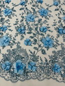 3D Big Flower Glitter Fabric - Baby Blue - Floral Glitter Sequin Design on Lace Mesh Fabric by Yard