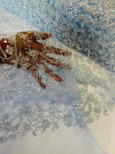 Beaded Floral Plant Design - Baby Blue - Embroidered Beaded Flower Plants Sequins Fabric By Yard