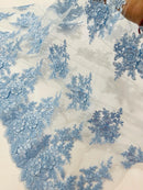 Corded Floral 3D Fabric - Baby Blue - Embroidered Floral Design on Lace Mesh Fabric by Yard