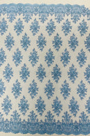 Floral Pearl Bead Fabric - Baby Blue - Flower Design with Beads and Sequins Fabric Sold By Yard