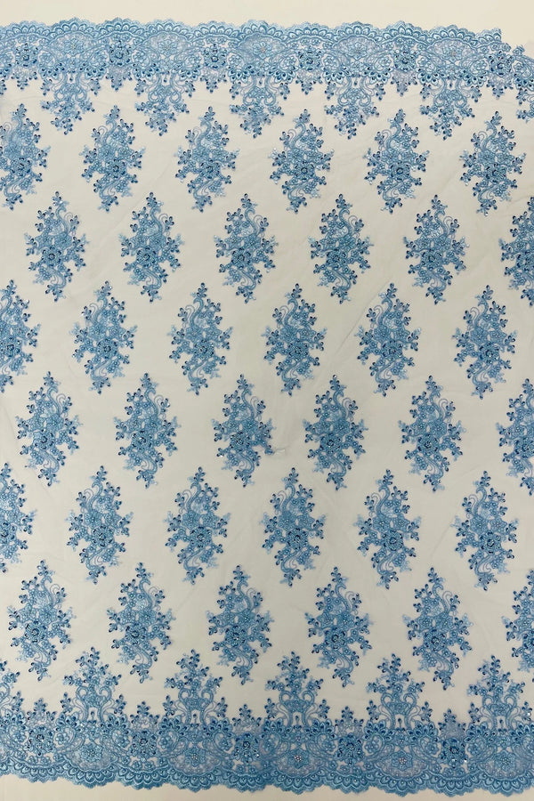 Floral Pearl Bead Fabric - Baby Blue - Flower Design with Beads and Sequins Fabric Sold By Yard