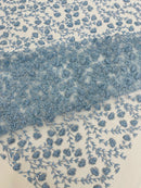 Shimmer Glitter Flower Fabric - Baby Blue - Small Glitter Flower Design on Lace Sold By Yard