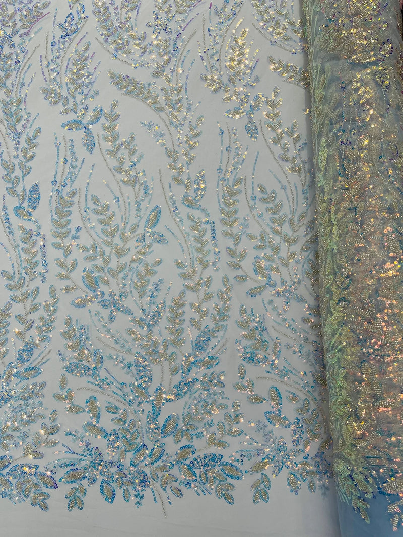 Clear Iridescent Leaf Design - Clear on Baby Blue - Embroidered Beaded Sequins Mesh Fabric by Yard