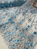 3D Glitter Floral Design Fabric - Baby Blue - Floral Line Design Embroidered Sequins Fabric by Yard