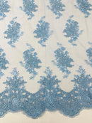 Floral Damask Lace Fabric - Baby Blue - Embroidered Damask Flowers on Lace Fabric By Yard