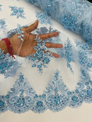 Beaded Floral Fabric - Baby Blue - Floral Cluster Design Fabric with Damask Border by Yard