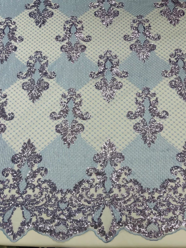 King Damask Design Fabric - Baby Blue - Embroidered Corded Mesh Lace Fabric with Sequins By Yard