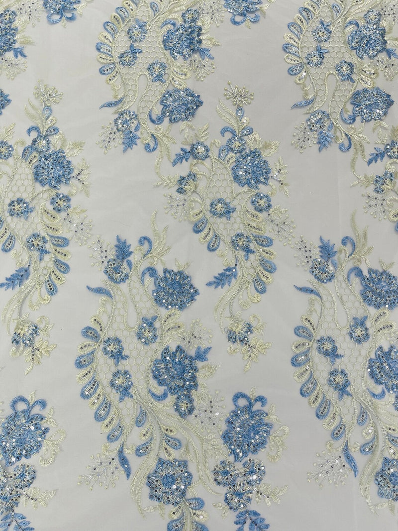 Corded Lace Sequins Fabric - Baby Blue - Embroidered Fancy Flower and Fish Design Sold By Yard