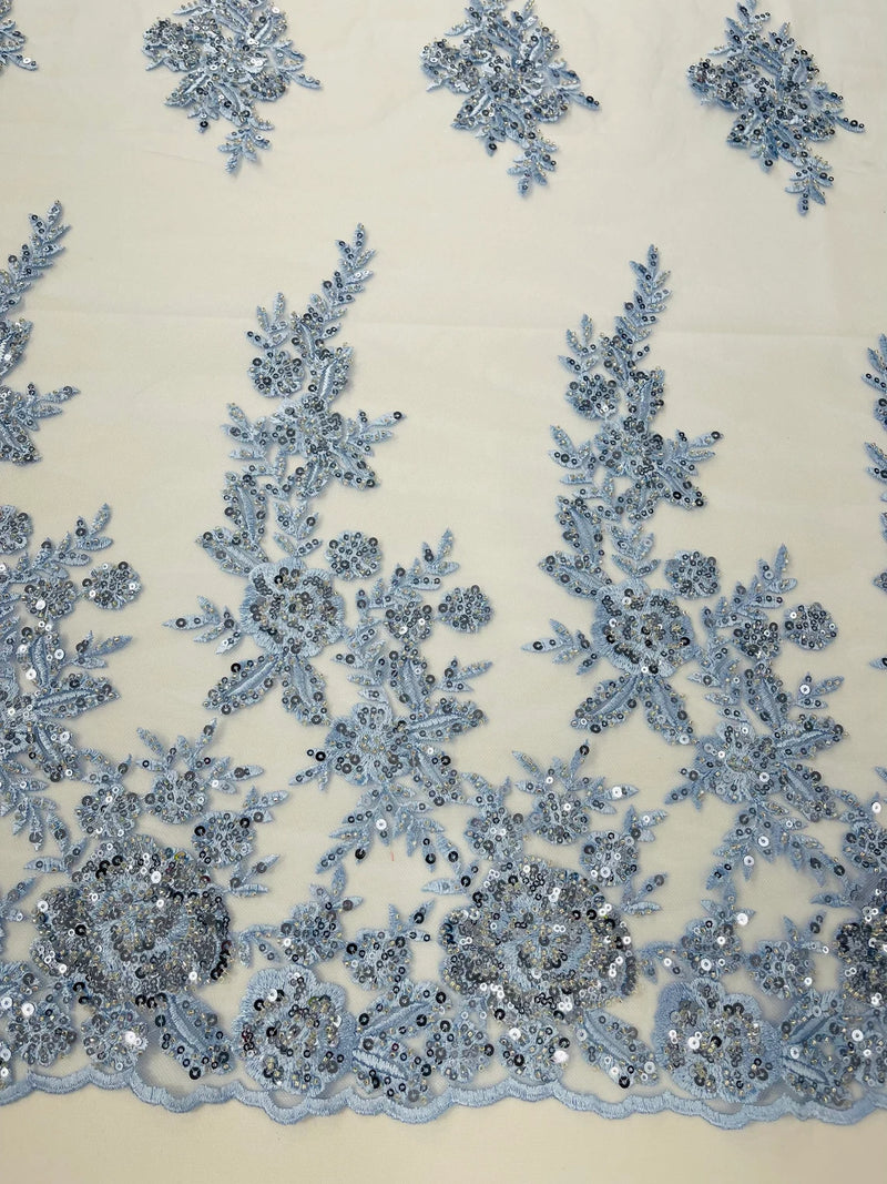 Beaded Rose Flower Fabric - Baby Blue - Embroidered Beaded Long Border Floral Fabric By Yard