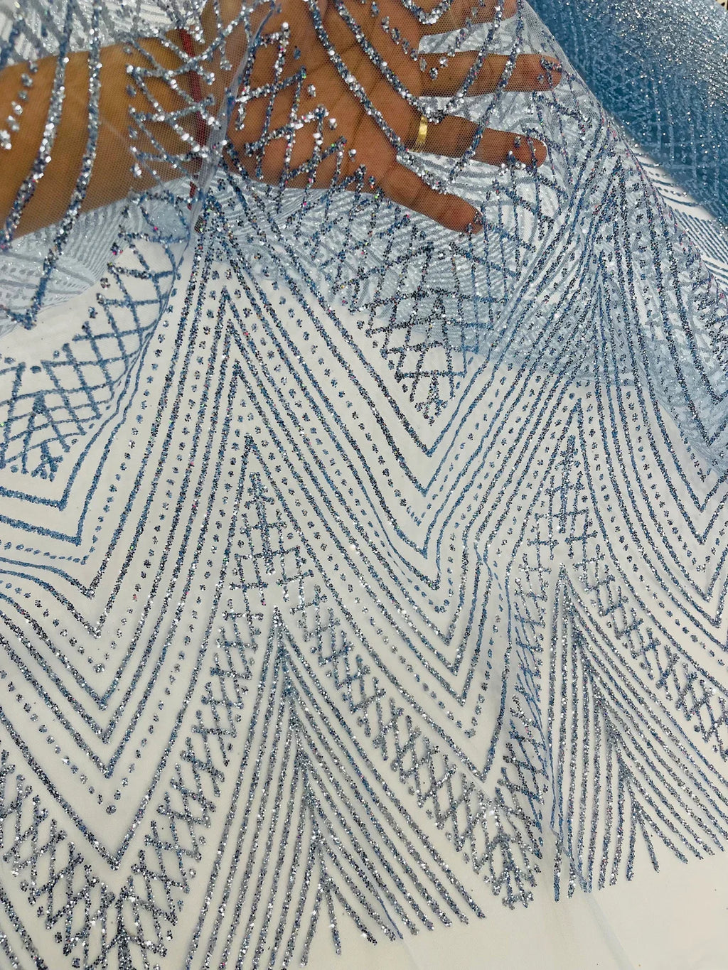 Geometric Glitter Fabric - Baby Blue - Shimmer Glitter Geometric Design Fabric By Yard