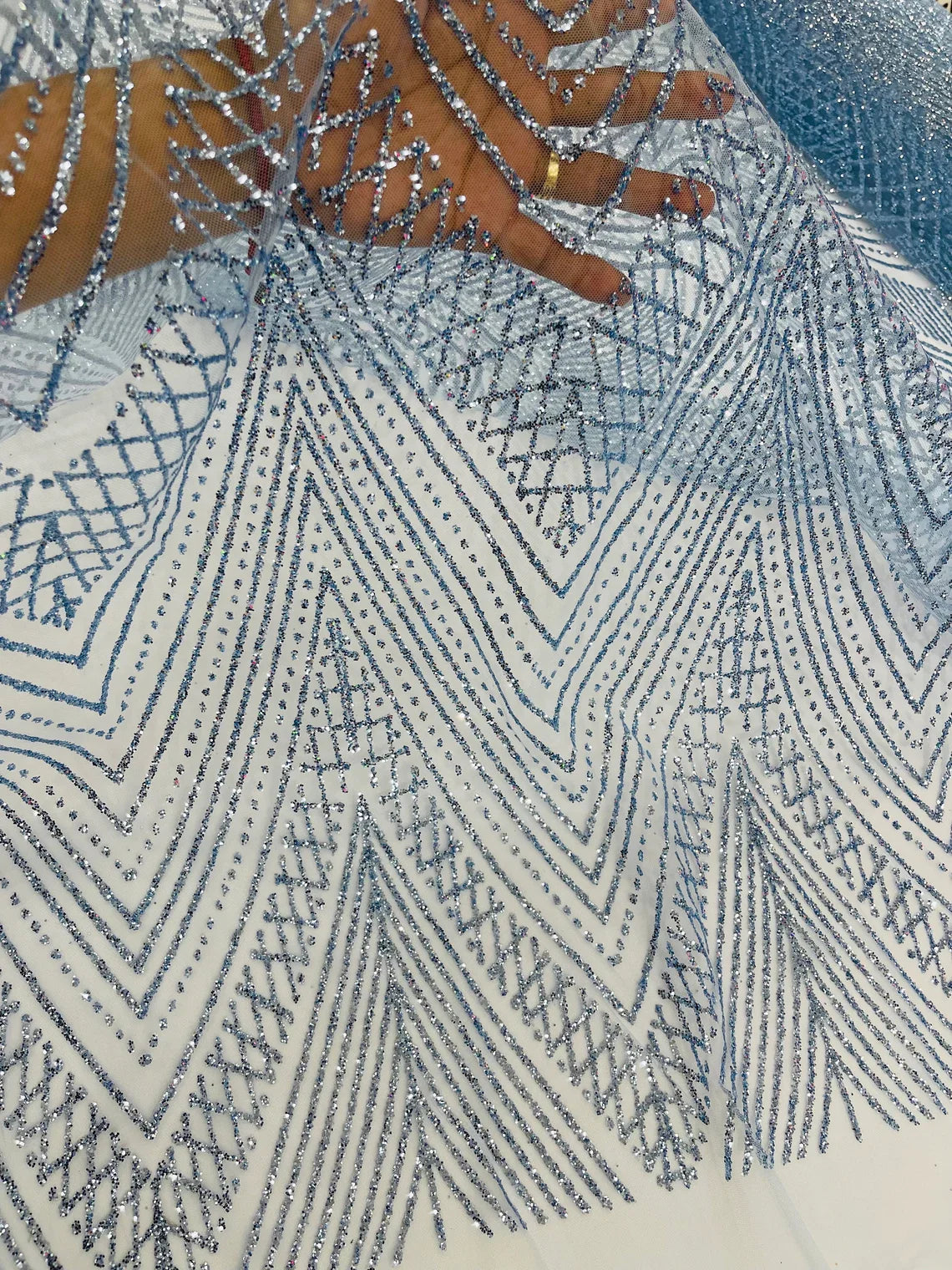 Geometric Glitter Fabric - Baby Blue - Shimmer Glitter Geometric Design Fabric By Yard