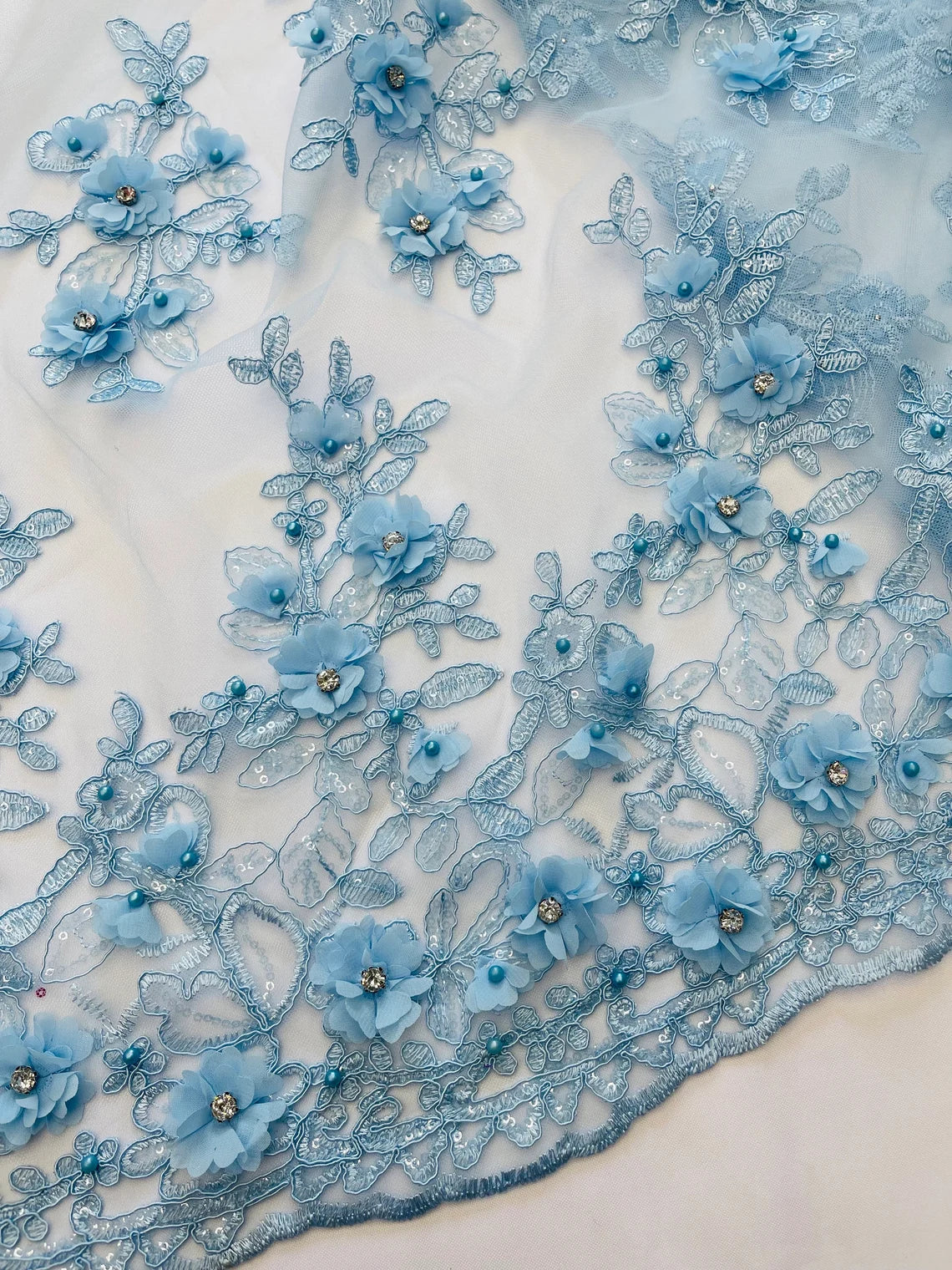 3D Embroidered Floral Fabric - Baby Blue - 3D Rhinestone and Sequins Floral Fabric Sold By Yard