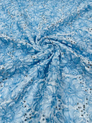 Satin Rosette Sequins Fabric - Baby Blue - 3D Rosette Satin Rose Fabric with Sequins By Yard