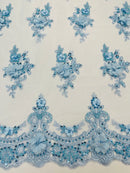 3D Floral Pearl Design - Baby Blue - Floral Embroidered Pearls and Sequins Fabric By Yard
