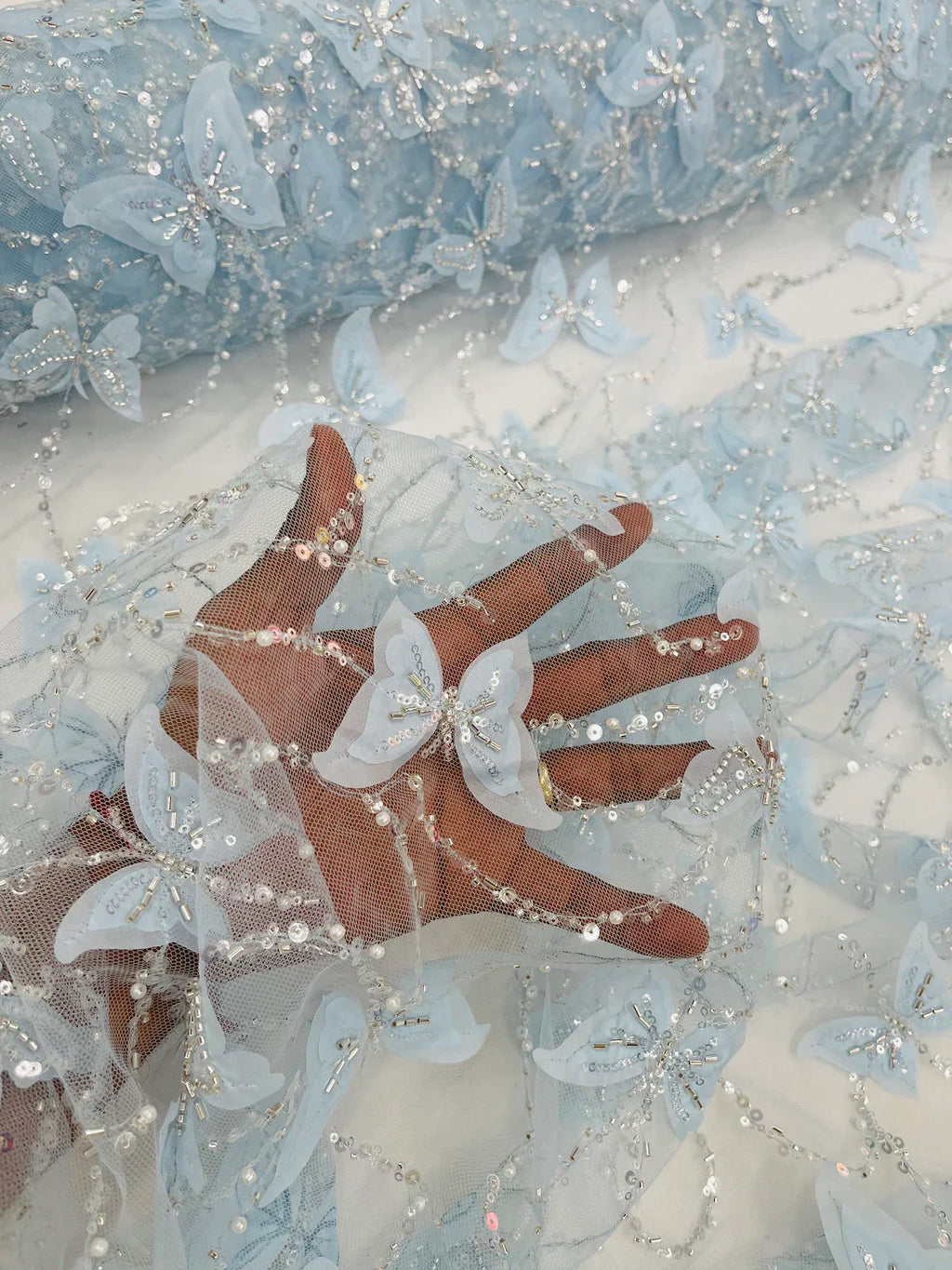 3D Butterfly Beaded Fabric - Baby Blue - Beaded Sequins Butterfly Embroidered Fabric By Yard