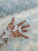 3D Butterfly Beaded Fabric - Baby Blue - Beaded Sequins Butterfly Embroidered Fabric By Yard