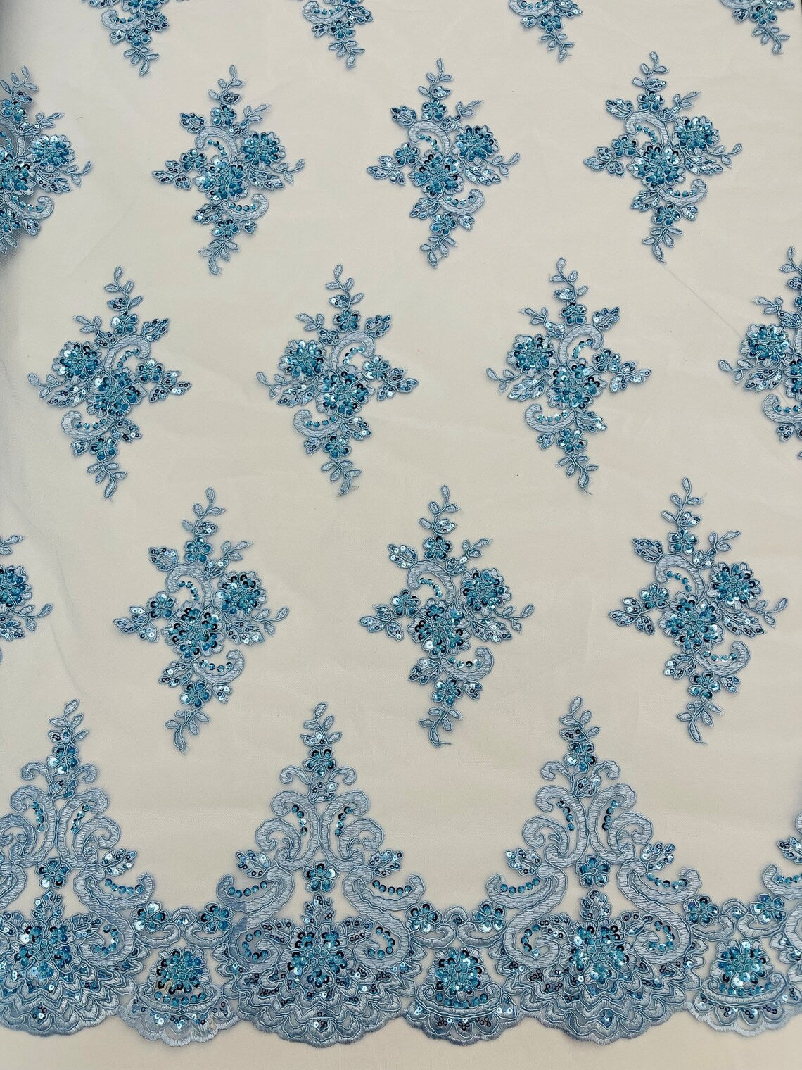 Beaded Floral Fabric - Baby Blue - Floral Cluster Design Fabric with Damask Border by Yard