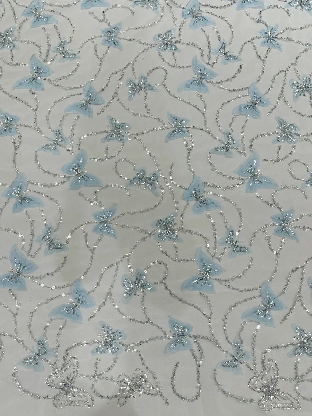 3D Butterfly Beaded Fabric - Baby Blue - Beaded Sequins Butterfly Embroidered Fabric By Yard