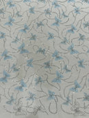 3D Butterfly Beaded Fabric - Baby Blue - Beaded Sequins Butterfly Embroidered Fabric By Yard