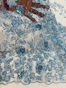 3D Flower Rhinestone Design - Baby Blue - Embroidered Flower Sequins Lace Fabric By Yard