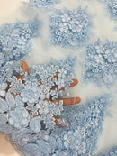 Corded Floral 3D Fabric - Baby Blue - Embroidered Floral Design on Lace Mesh Fabric by Yard