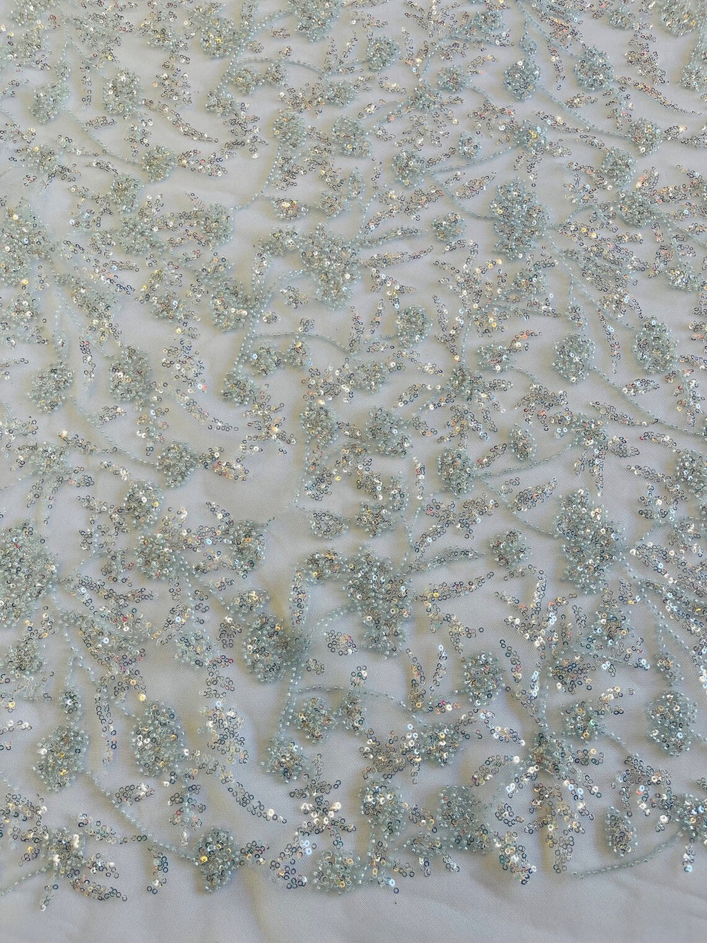 Beaded Floral Plant Design - Baby Blue - Embroidered Beaded Flower Plants Sequins Fabric By Yard
