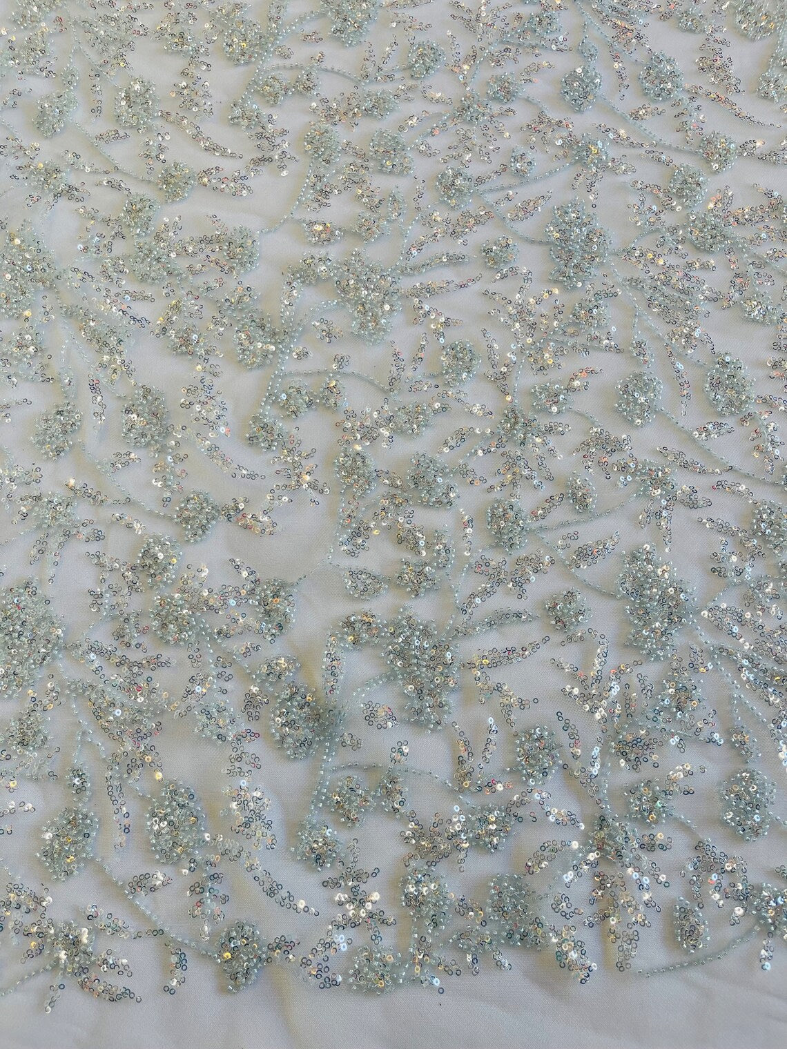 Beaded Floral Plant Design - Baby Blue - Embroidered Beaded Flower Plants Sequins Fabric By Yard