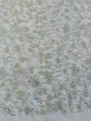 Beaded Floral Plant Design - Baby Blue - Embroidered Beaded Flower Plants Sequins Fabric By Yard