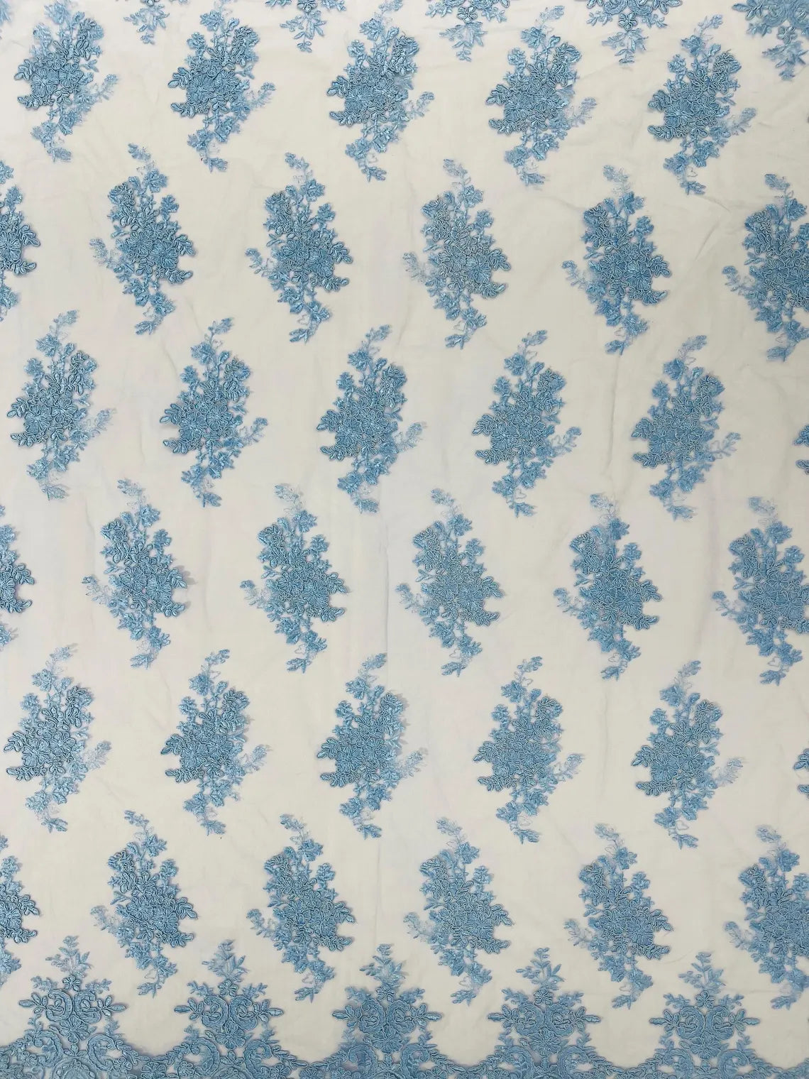 Floral Damask Lace Fabric - Baby Blue - Embroidered Damask Flowers on Lace Fabric By Yard
