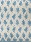 Floral Damask Lace Fabric - Baby Blue - Embroidered Damask Flowers on Lace Fabric By Yard