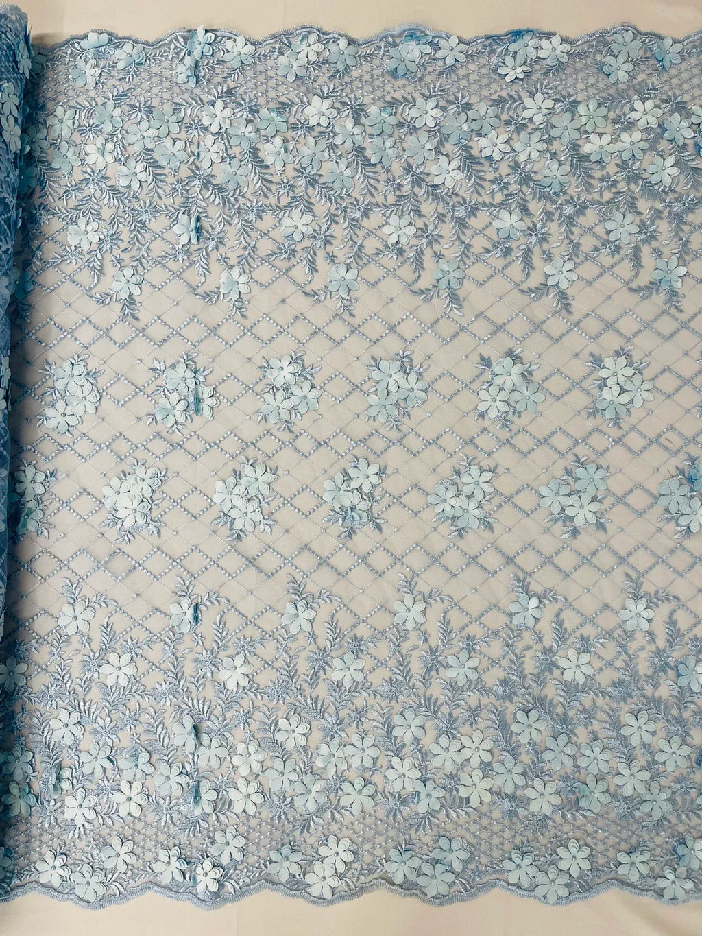 3D Floral Pearl Fabric - Baby Blue - 3D Triangle Flower Design on Mesh By Yard