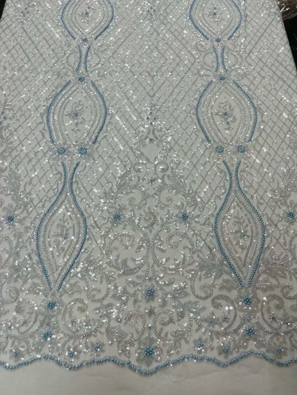 Bead Fashion Damask Fabric - Baby Blue - Beaded Sequins Geometric Design on Mesh Sold By Yard