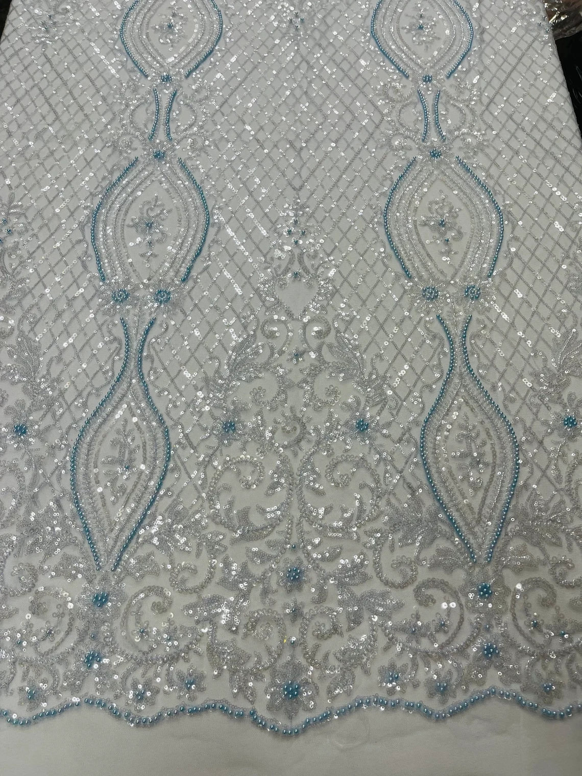Bead Fashion Damask Fabric - Baby Blue - Beaded Sequins Geometric Design on Mesh Sold By Yard