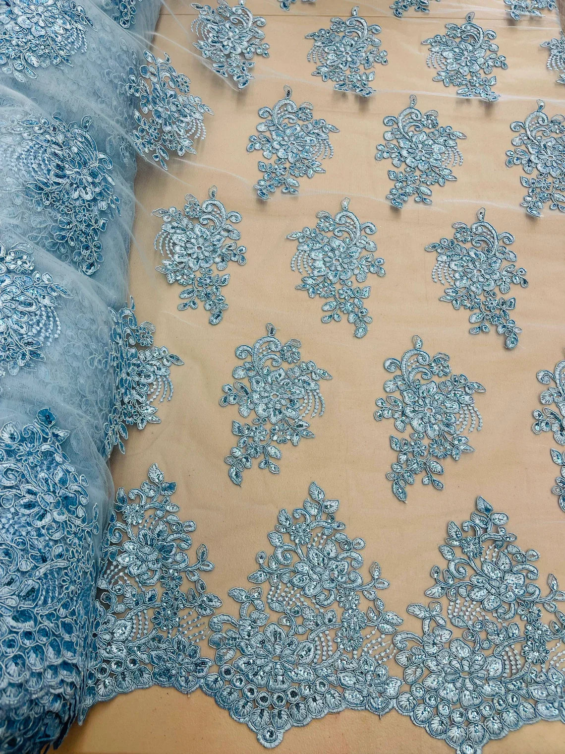Flower Lace Fabric - Floral Clusters Embroidered Lace Mesh Fabric - 25 Yard Roll
