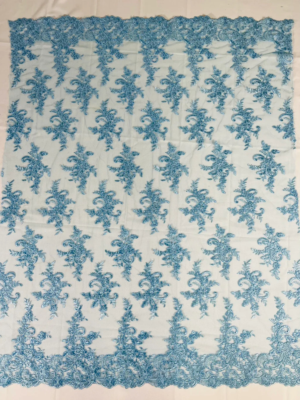 Lace Flower Cluster Fabric - Baby Blue - Embroidered Flower With Sequins on a Mesh Lace Fabric By Yard
