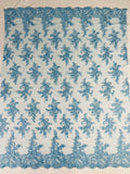 Lace Flower Cluster Fabric - Baby Blue - Embroidered Flower With Sequins on a Mesh Lace Fabric By Yard