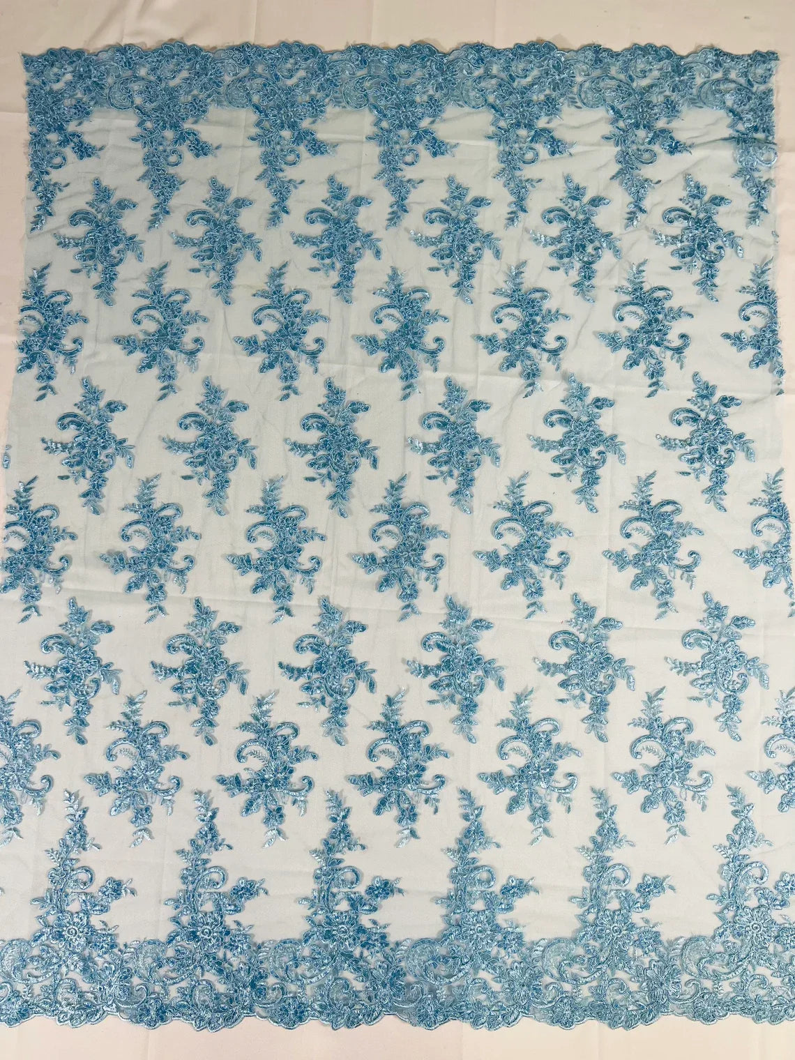 Lace Flower Cluster Fabric - Baby Blue - Embroidered Flower With Sequins on a Mesh Lace Fabric By Yard
